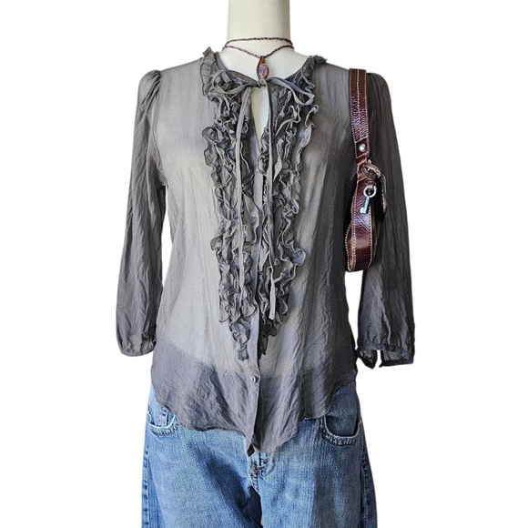 GAP 100% Silk Grey Sheer Ruffle Button-up Top | Large - Picture 1 of 9